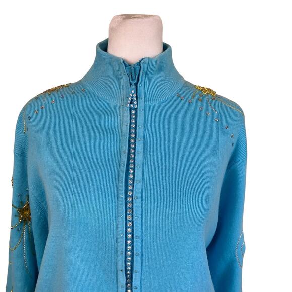 Quacker Factory Vtg 90s Holiday Cardigan With Star Appliquè Turquoise & Gold - Picture 2 of 16